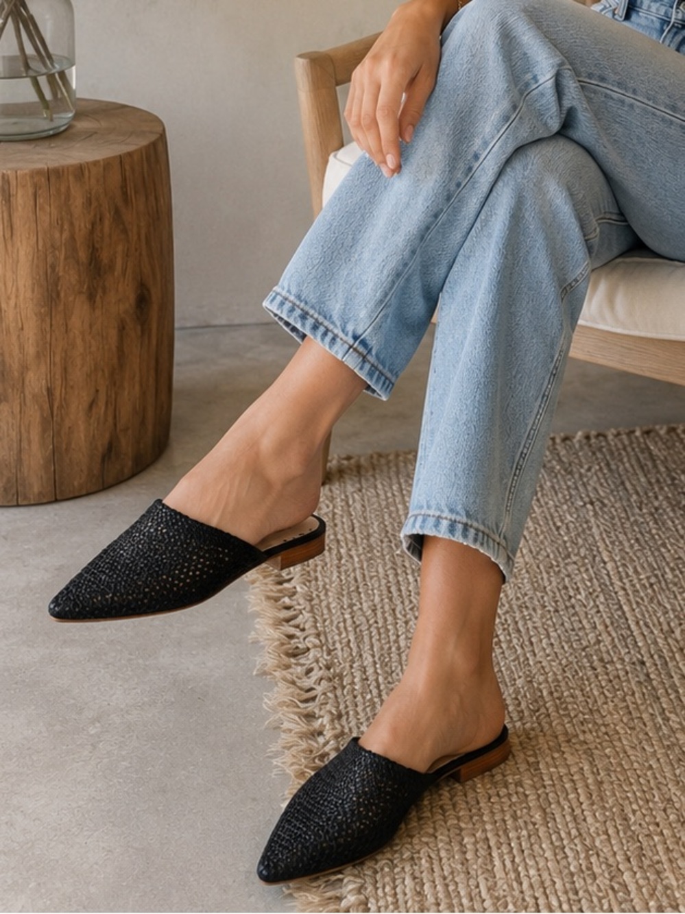 Crown & Ivy Black Woven Pointed Toe Mule Flats 9 Office Teacher Slip On Shoe